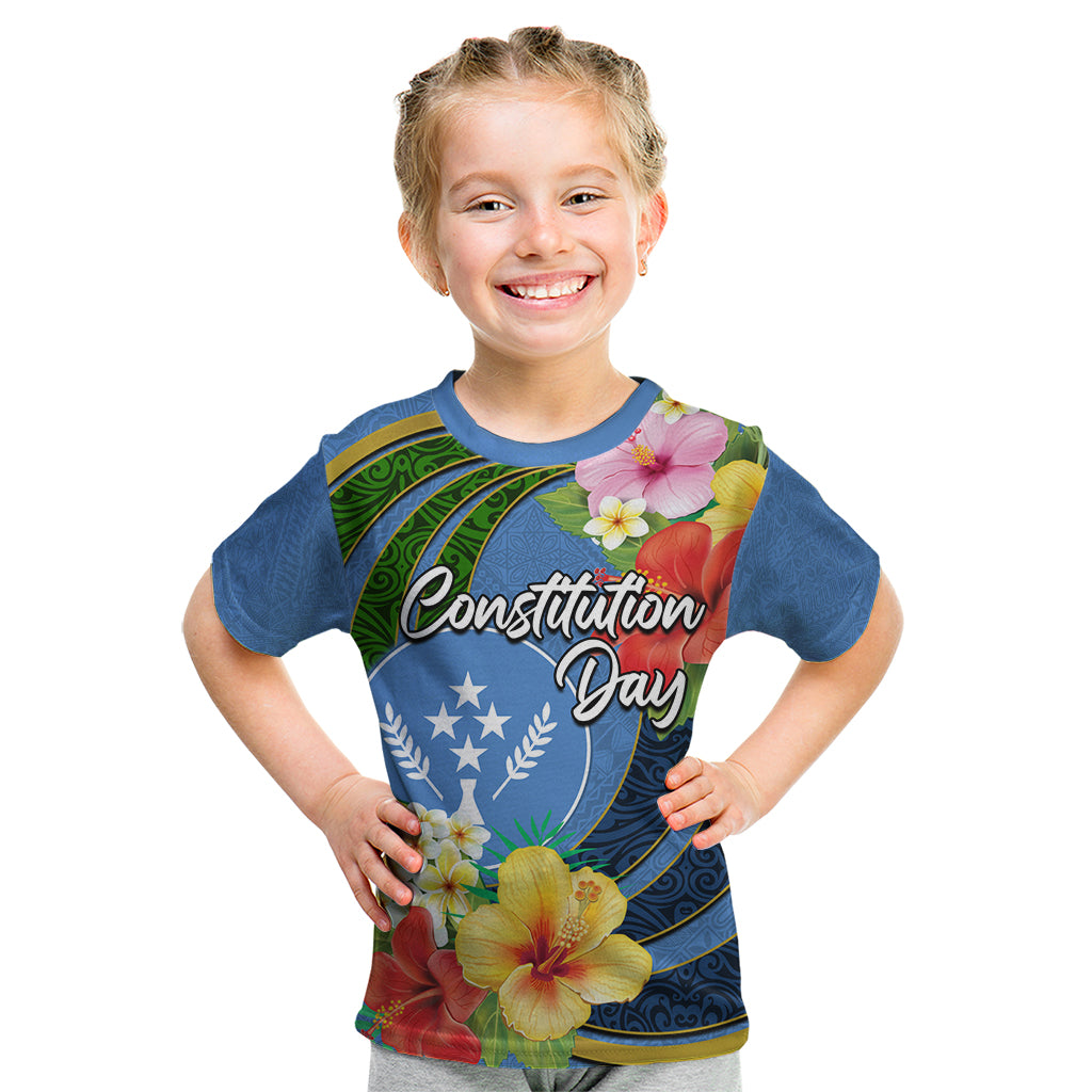 Kosrae Constitution Day Kid T Shirt Hibiscus Mix Maori Tattoo Pattern LT03 Blue - Polynesian Pride