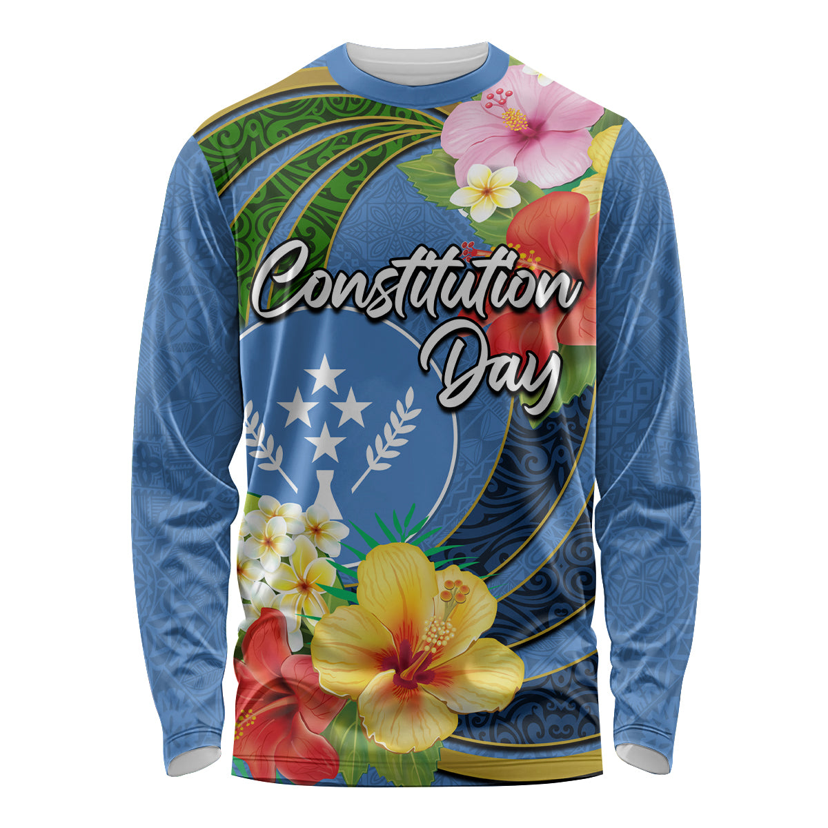 Kosrae Constitution Day Long Sleeve Shirt Hibiscus Mix Maori Tattoo Pattern LT03 Unisex Blue - Polynesian Pride