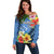 Kosrae Constitution Day Off Shoulder Sweater Hibiscus Mix Maori Tattoo Pattern LT03 Women Blue - Polynesian Pride