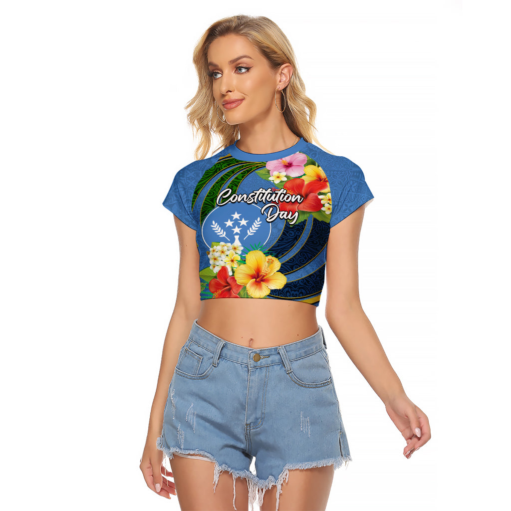 Kosrae Constitution Day Raglan Cropped T Shirt Hibiscus Mix Maori Tattoo Pattern LT03 Female Blue - Polynesian Pride