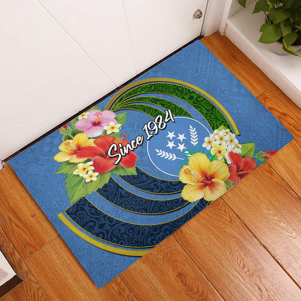 Kosrae Constitution Day Rubber Doormat Hibiscus Mix Maori Tattoo Pattern LT03 Blue - Polynesian Pride