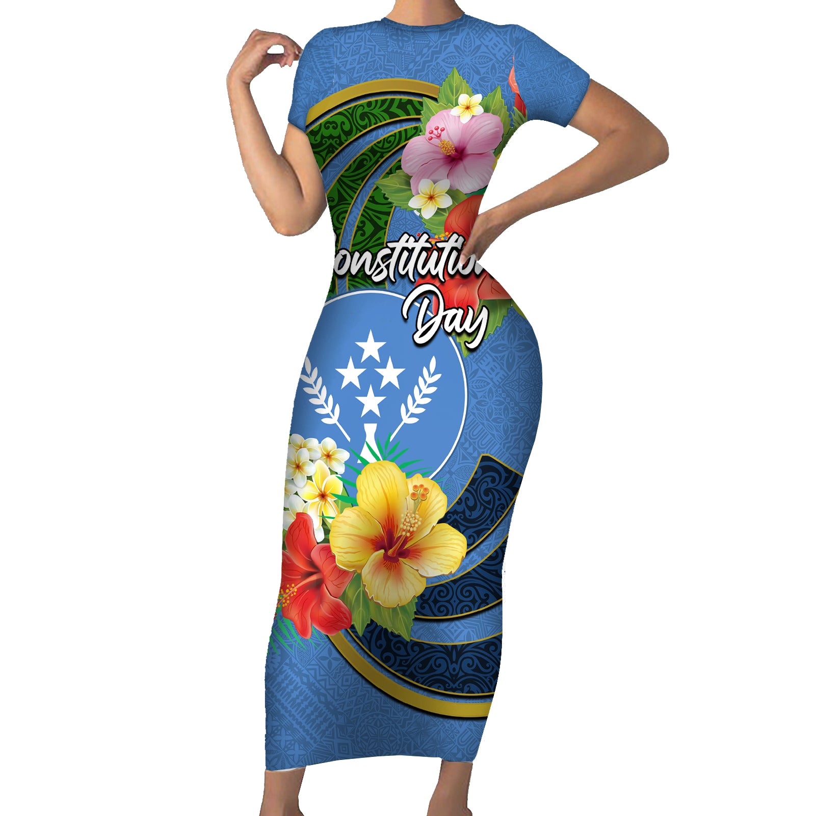 Kosrae Constitution Day Short Sleeve Bodycon Dress Hibiscus Mix Maori Tattoo Pattern LT03 Long Dress Blue - Polynesian Pride