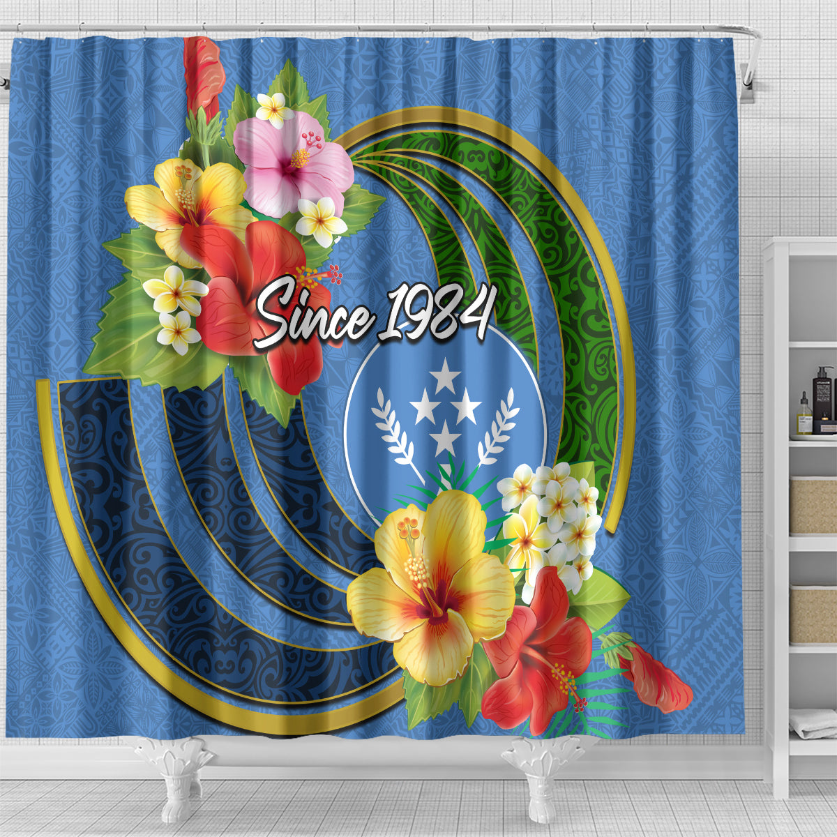 Kosrae Constitution Day Shower Curtain Hibiscus Mix Maori Tattoo Pattern LT03 - Polynesian Pride