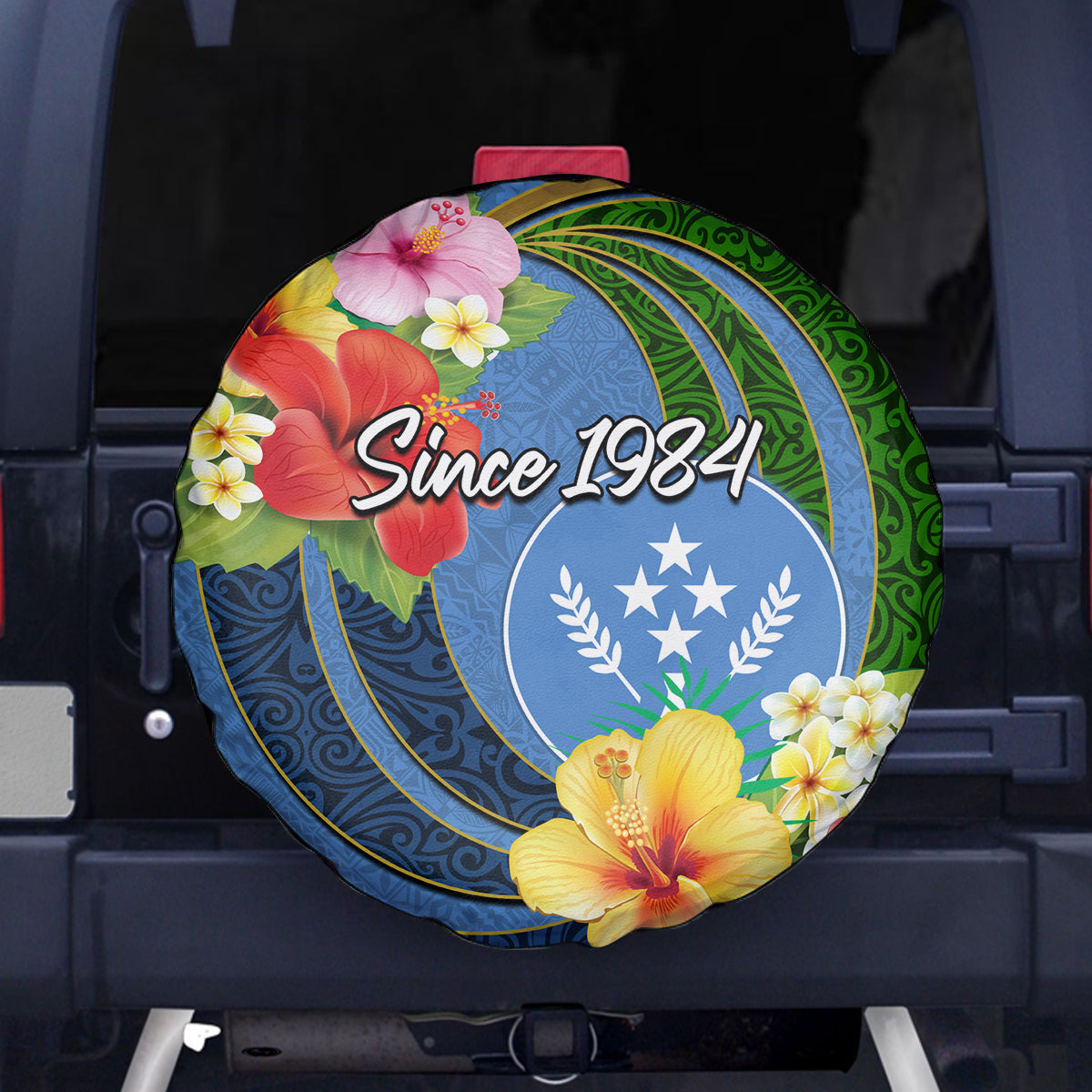 Kosrae Constitution Day Spare Tire Cover Hibiscus Mix Maori Tattoo Pattern LT03 Blue - Polynesian Pride