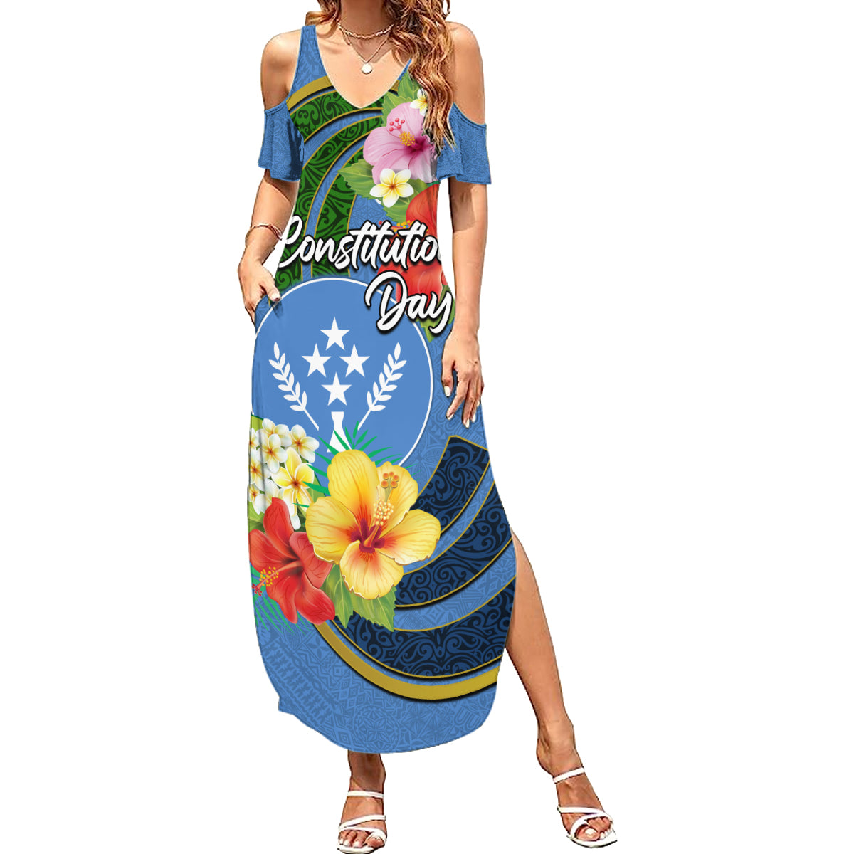 Kosrae Constitution Day Summer Maxi Dress Hibiscus Mix Maori Tattoo Pattern LT03 Women Blue - Polynesian Pride