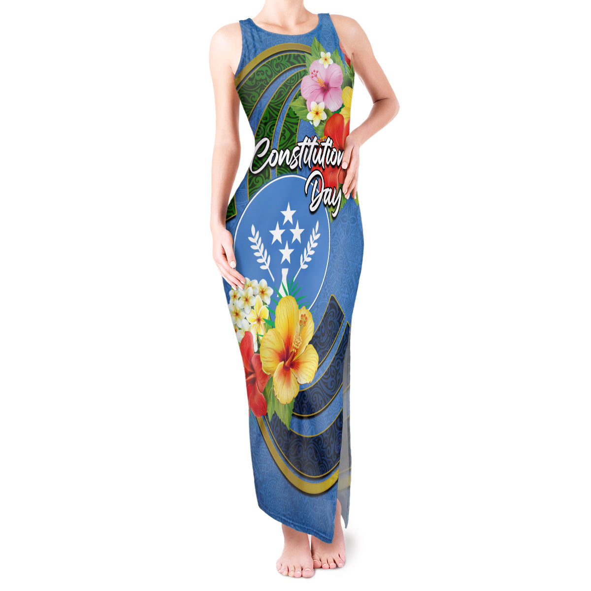 Kosrae Constitution Day Tank Maxi Dress Hibiscus Mix Maori Tattoo Pattern LT03 Women Blue - Polynesian Pride