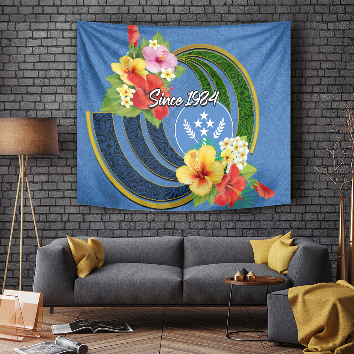 Kosrae Constitution Day Tapestry Hibiscus Mix Maori Tattoo Pattern LT03 Blue - Polynesian Pride