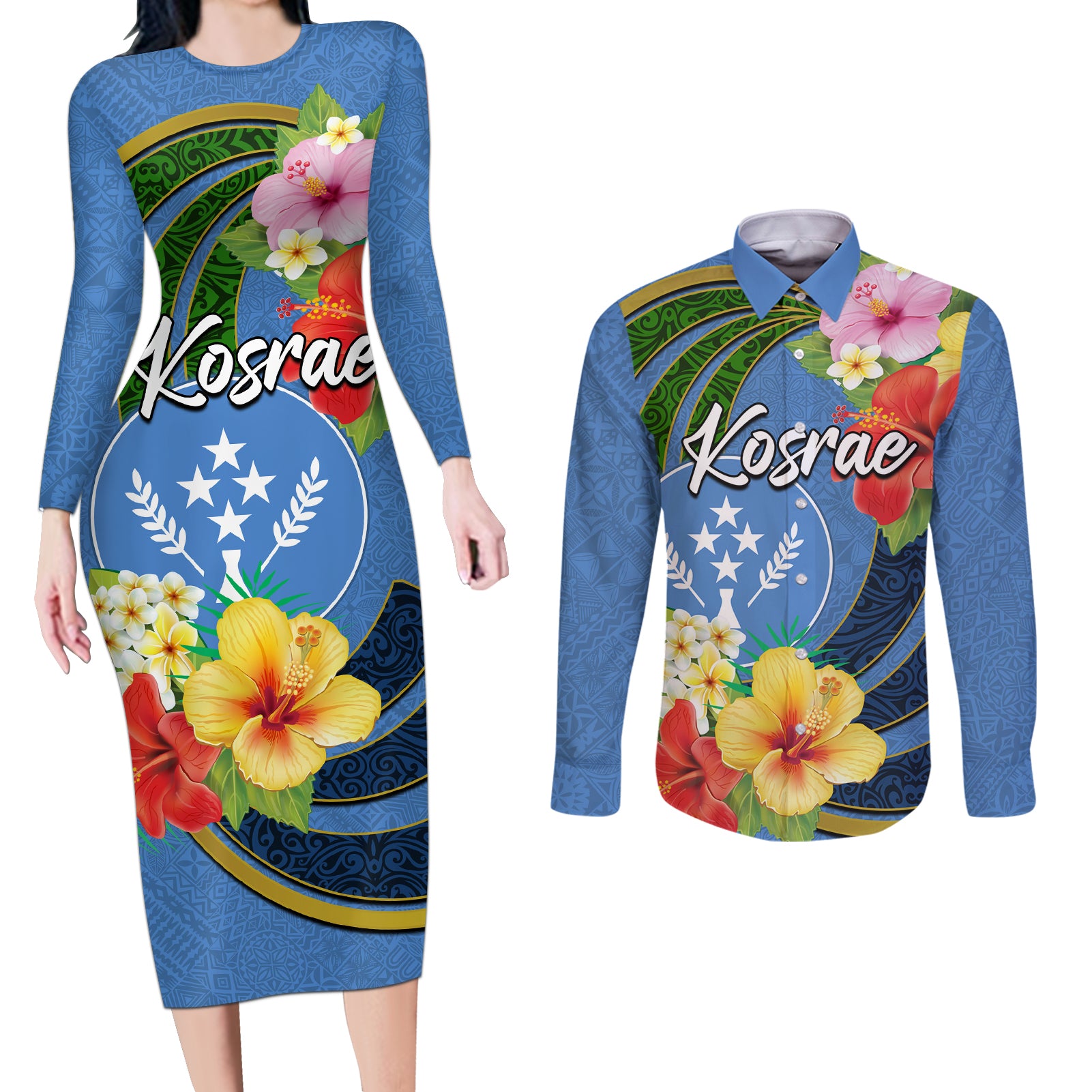 Kosrae Couples Matching Long Sleeve Bodycon Dress and Long Sleeve Button Shirt Hibiscus Mix Maori Tattoo Pattern LT03 Blue - Polynesian Pride