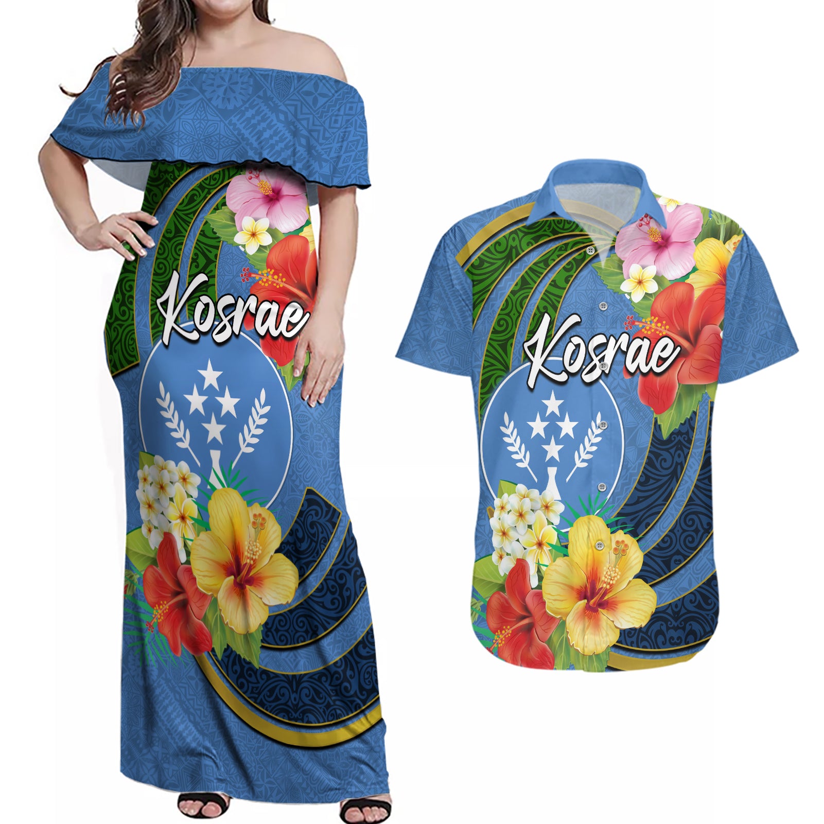 Kosrae Couples Matching Off Shoulder Maxi Dress and Hawaiian Shirt Hibiscus Mix Maori Tattoo Pattern LT03 Blue - Polynesian Pride