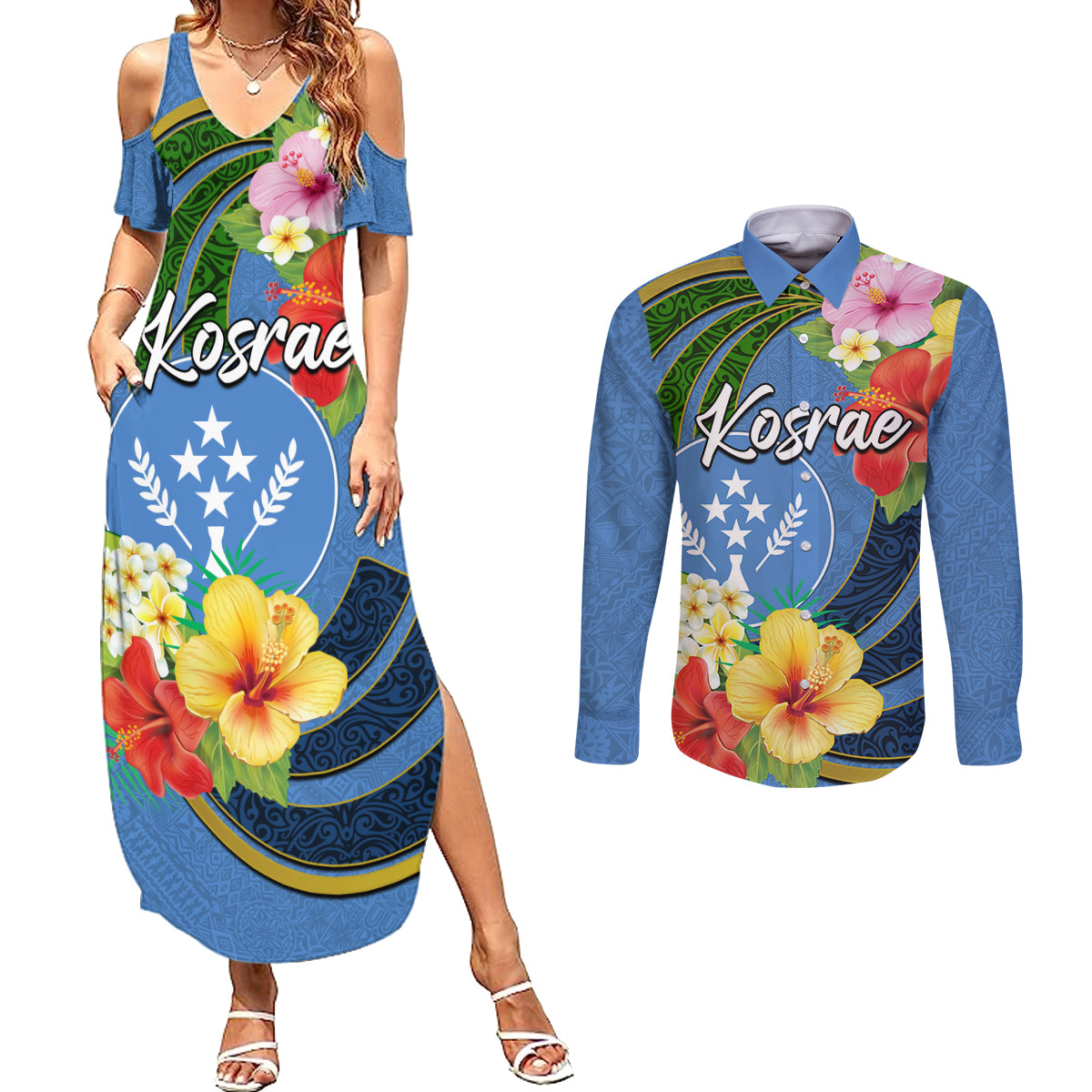 Kosrae Couples Matching Summer Maxi Dress and Long Sleeve Button Shirt Hibiscus Mix Maori Tattoo Pattern LT03 Blue - Polynesian Pride