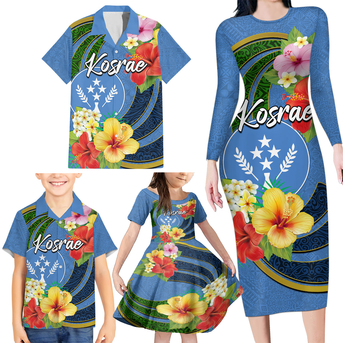 Kosrae Family Matching Long Sleeve Bodycon Dress and Hawaiian Shirt Hibiscus Mix Maori Tattoo Pattern LT03 - Polynesian Pride