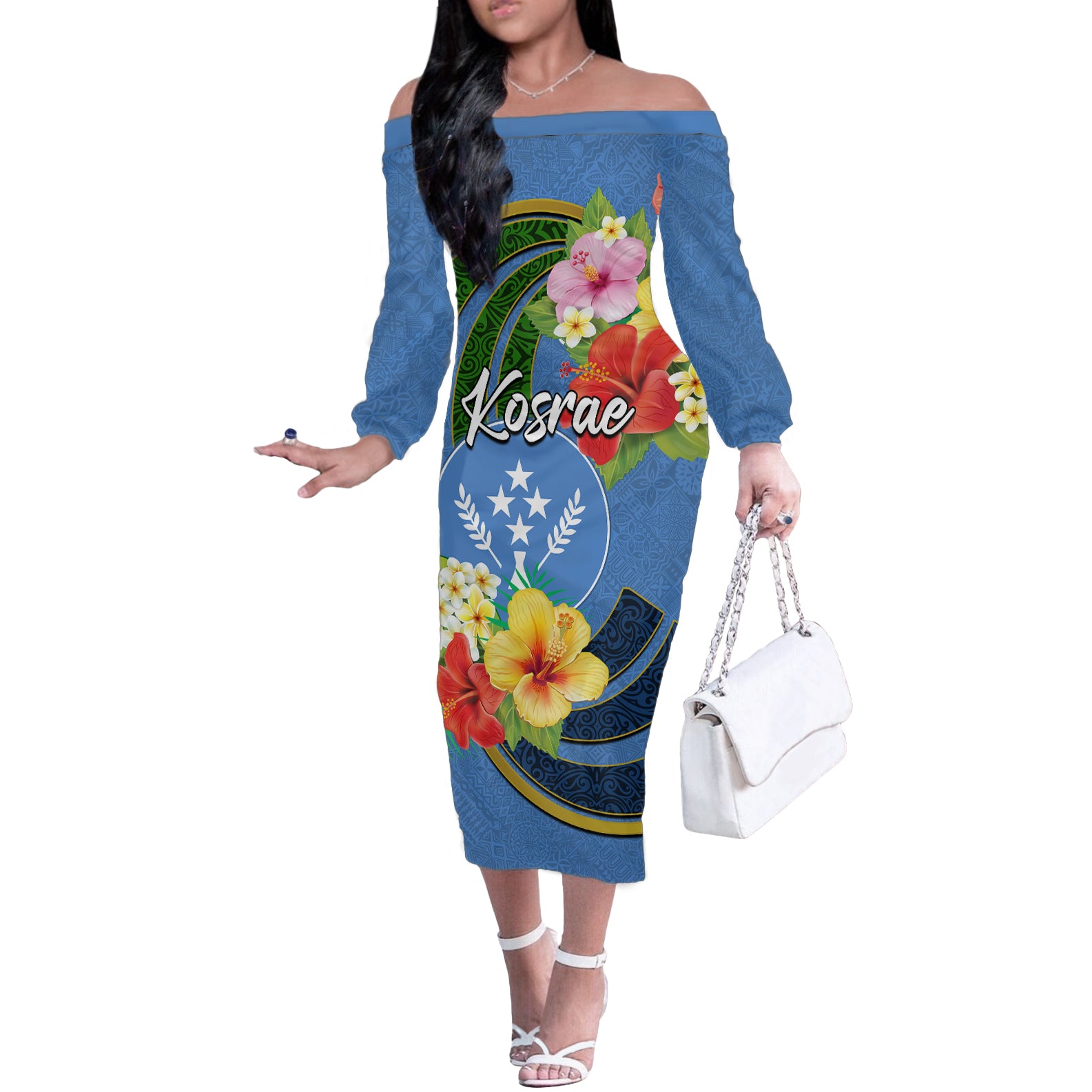 Kosrae Off The Shoulder Long Sleeve Dress Hibiscus Mix Maori Tattoo Pattern LT03 Women Blue - Polynesian Pride