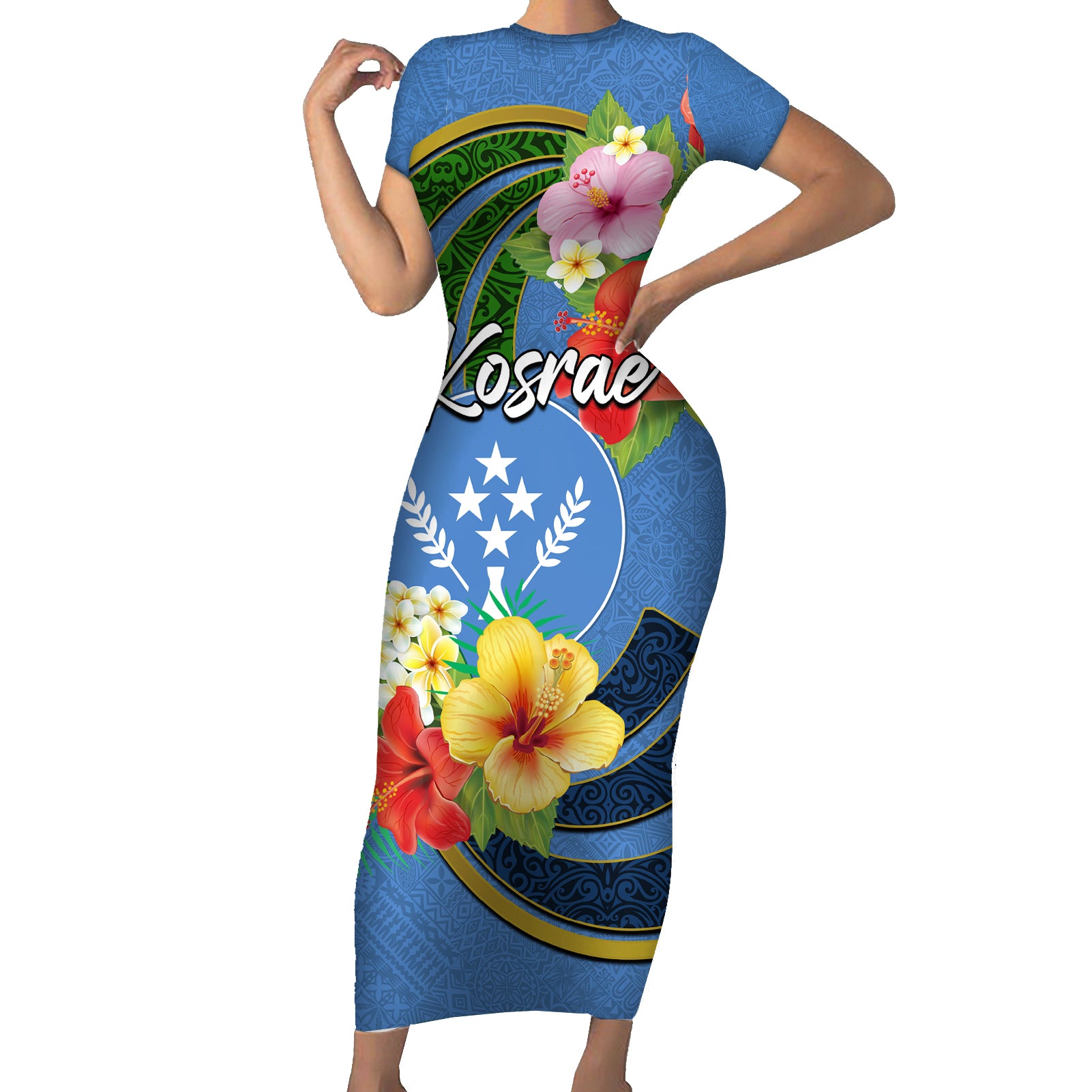 Kosrae Short Sleeve Bodycon Dress Hibiscus Mix Maori Tattoo Pattern LT03 Long Dress Blue - Polynesian Pride