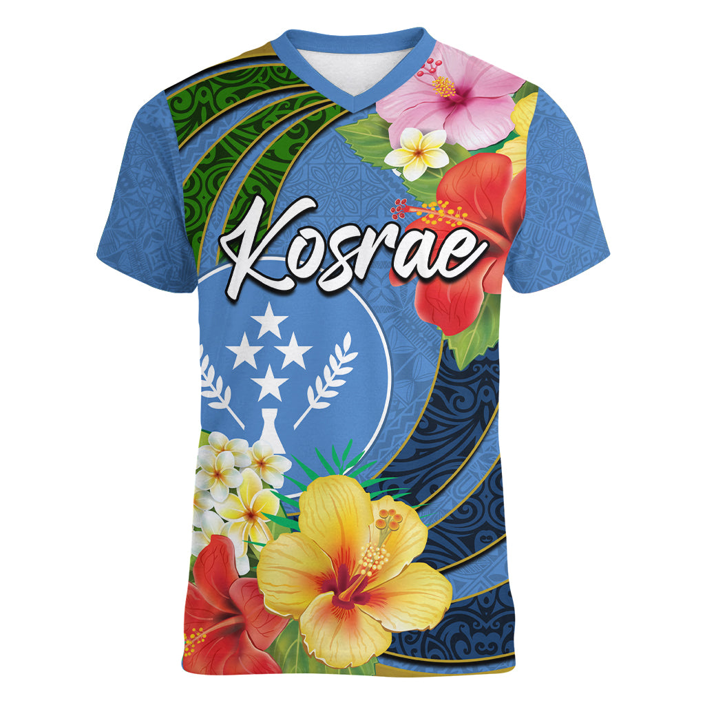 Kosrae Women V Neck T Shirt Hibiscus Mix Maori Tattoo Pattern LT03 Female Blue - Polynesian Pride