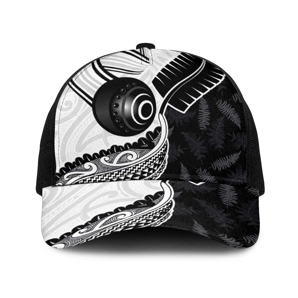 Aotearoa Lawn Bowls Baseball Net Cap Maori and Silver Fern Half Style LT03 One Size Black White - Polynesian Pride