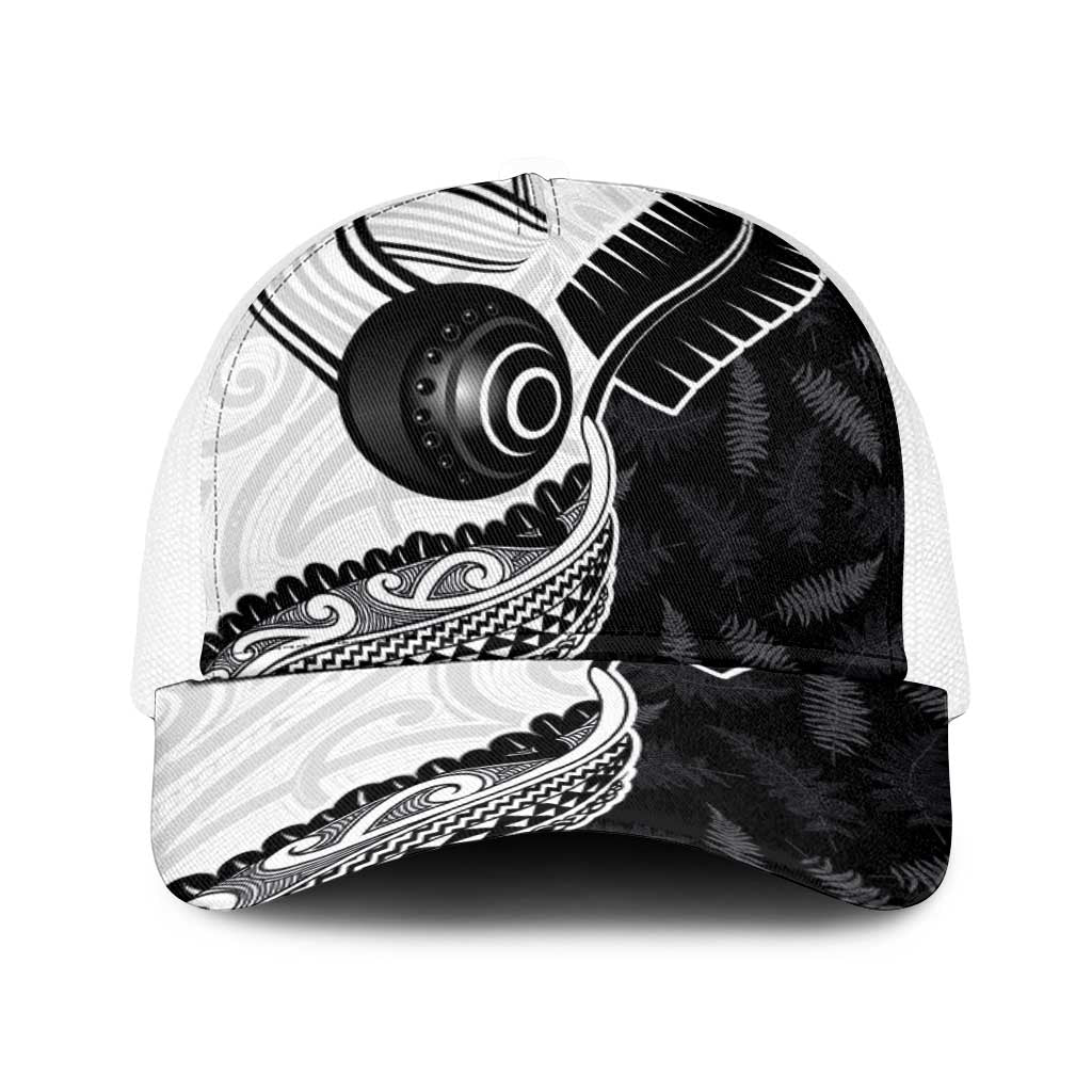 Aotearoa Lawn Bowls Baseball Net Cap Maori and Silver Fern Half Style LT03 One Size White White - Polynesian Pride