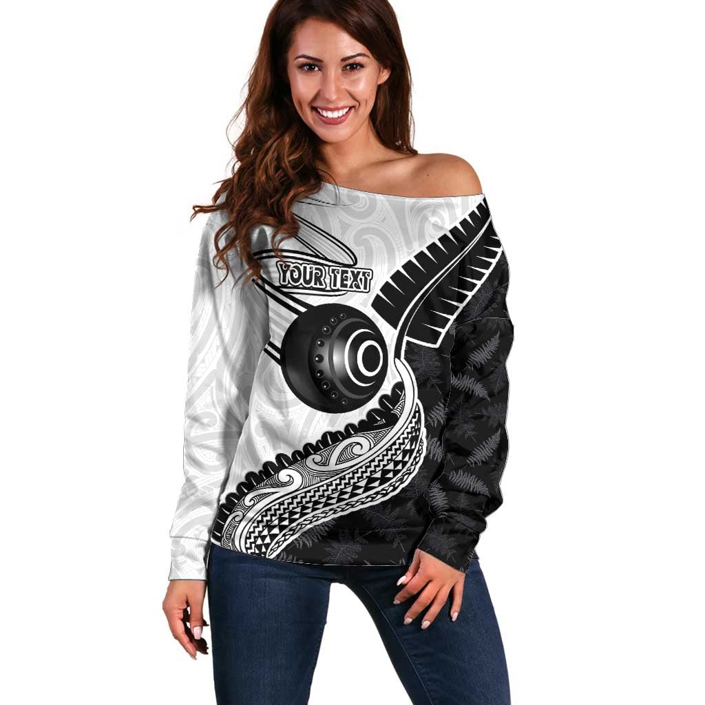 Personalised Aotearoa Lawn Bowls Off Shoulder Sweater Maori and Silver Fern Half Style LT03 Women White - Polynesian Pride