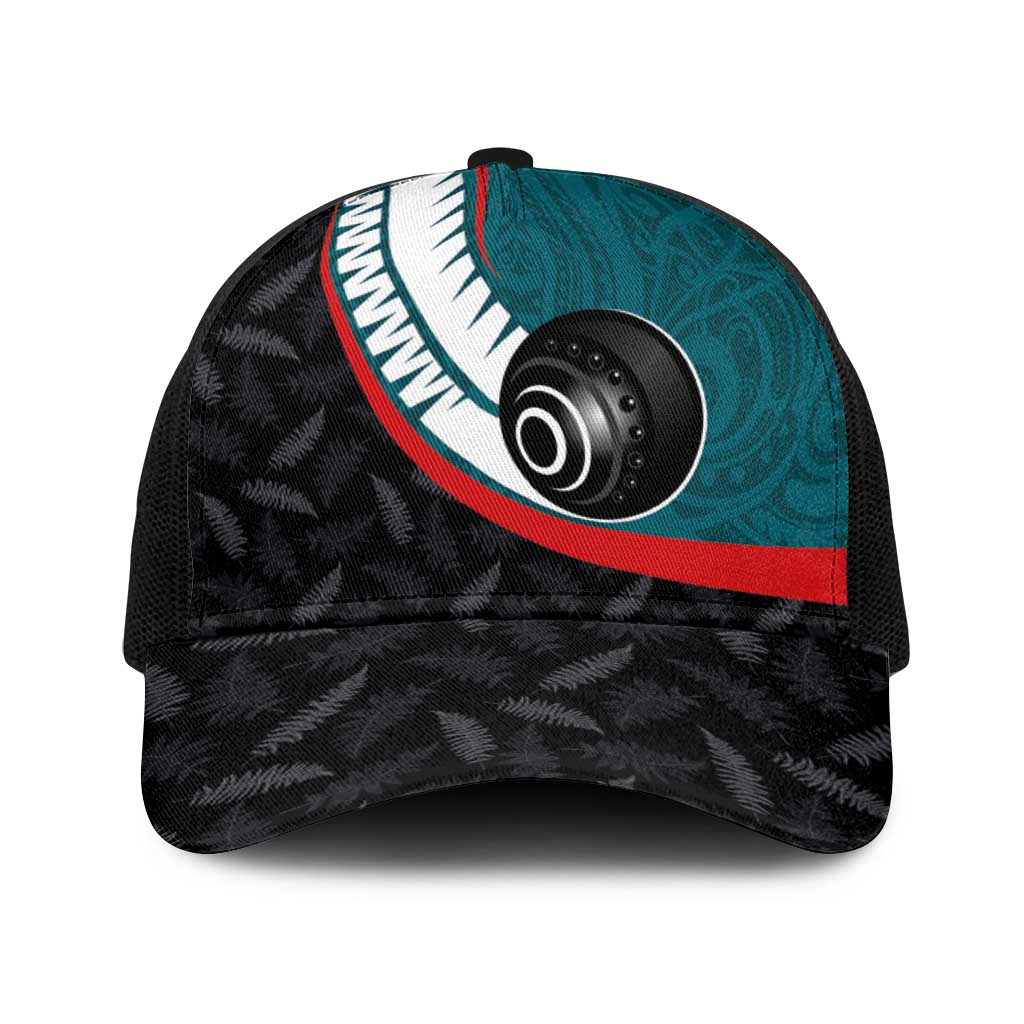 Aotearoa Lawn Bowls Baseball Net Cap Maori and Silver Fern Sporty Style Teal Color LT03 One Size Black Teal - Polynesian Pride
