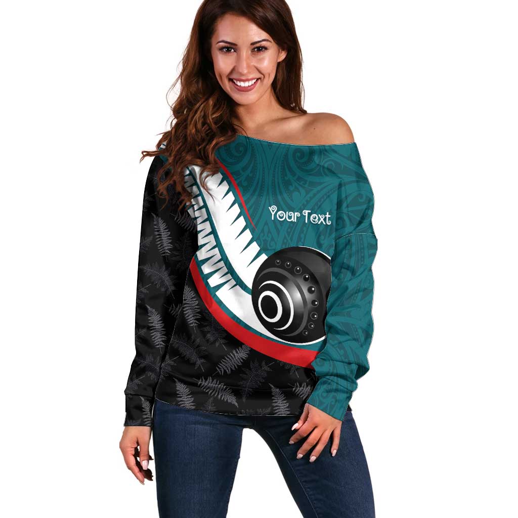 Personalised Aotearoa Lawn Bowls Off Shoulder Sweater Maori and Silver Fern Sporty Style Teal Color LT03 Women Teal - Polynesian Pride
