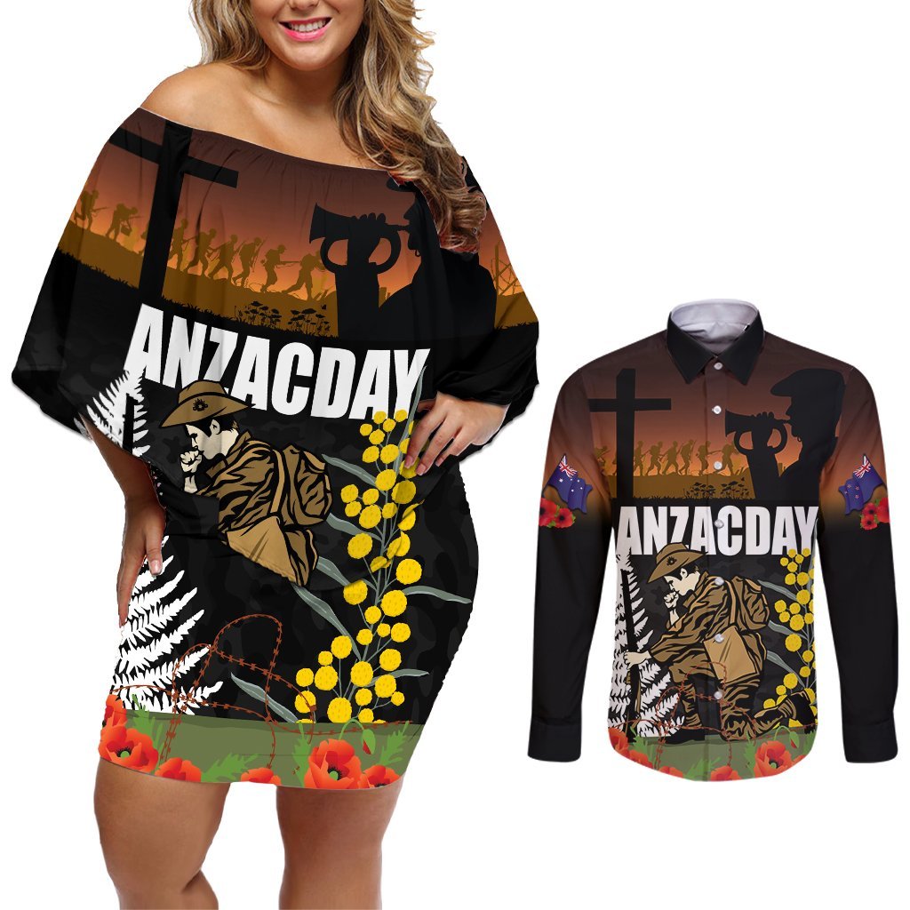 New Zealand and Australia ANZAC Day Couples Matching Off Shoulder Short Dress and Long Sleeve Button Shirt Soldier and Last Post Camouflage Pattern LT03 Black - Polynesian Pride