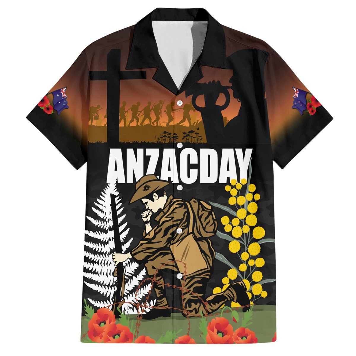 New Zealand and Australia ANZAC Day Hawaiian Shirt Soldier and Last Post Camouflage Pattern LT03 Black - Polynesian Pride