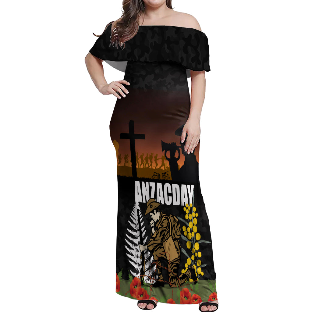 New Zealand and Australia ANZAC Day Off Shoulder Maxi Dress Soldier and Last Post Camouflage Pattern LT03 Women Black - Polynesian Pride