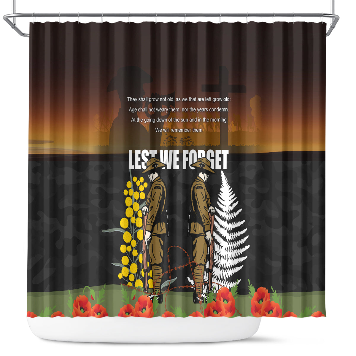 New Zealand and Australia ANZAC Day Shower Curtain Soldier and Last Post Camouflage Pattern LT03 Black - Polynesian Pride