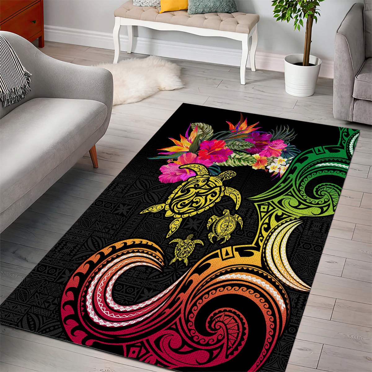 Hawaii Turtle Day Area Rug Polynesian Tattoo and Hibiscus Flowers LT03 - Polynesian Pride