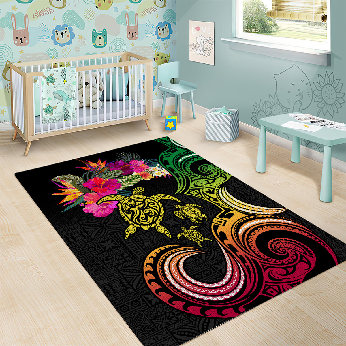 Hawaii Turtle Day Area Rug Polynesian Tattoo and Hibiscus Flowers LT03 - Polynesian Pride