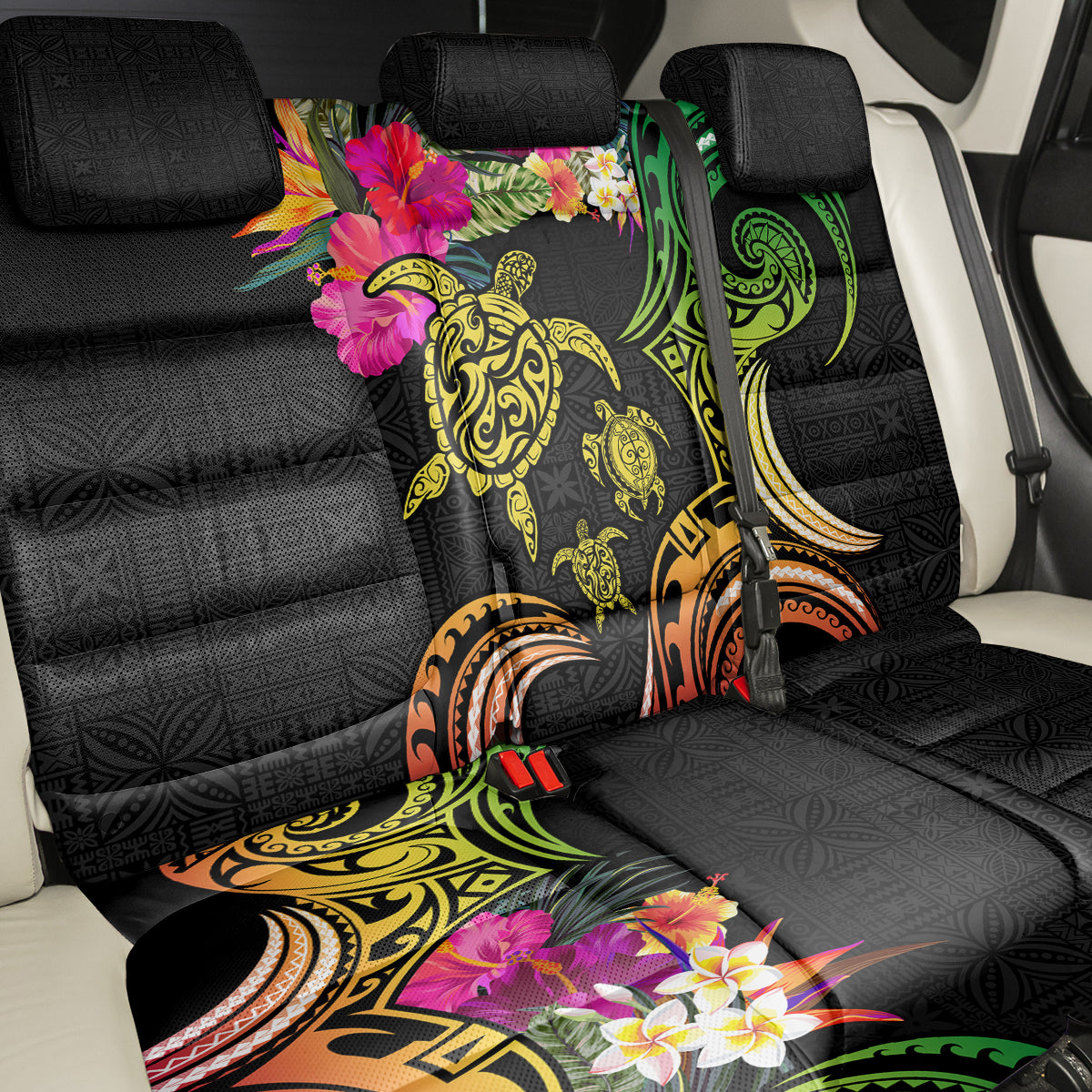 Hawaii Turtle Day Back Car Seat Cover Polynesian Tattoo and Hibiscus Flowers LT03 - Polynesian Pride