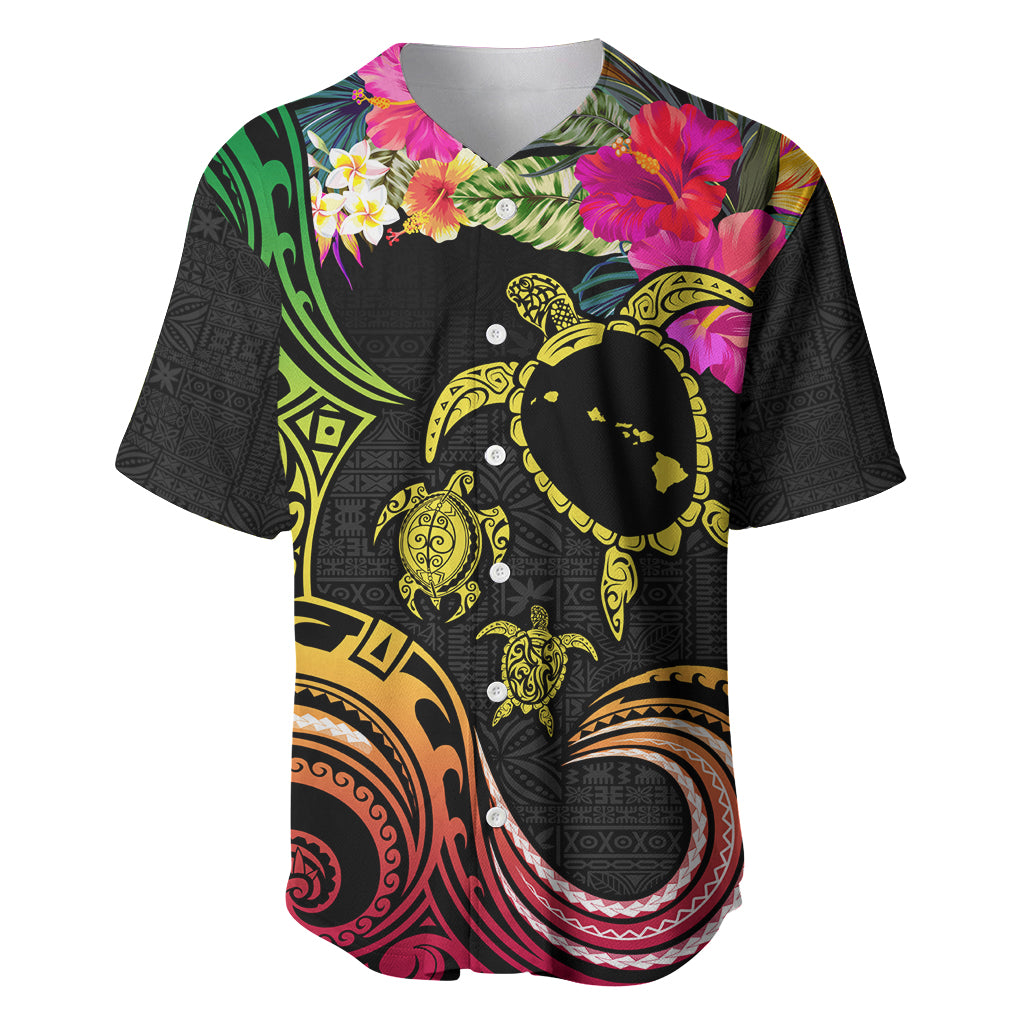 Hawaii Turtle Day Baseball Jersey Polynesian Tattoo and Hibiscus Flowers LT03 Black - Polynesian Pride