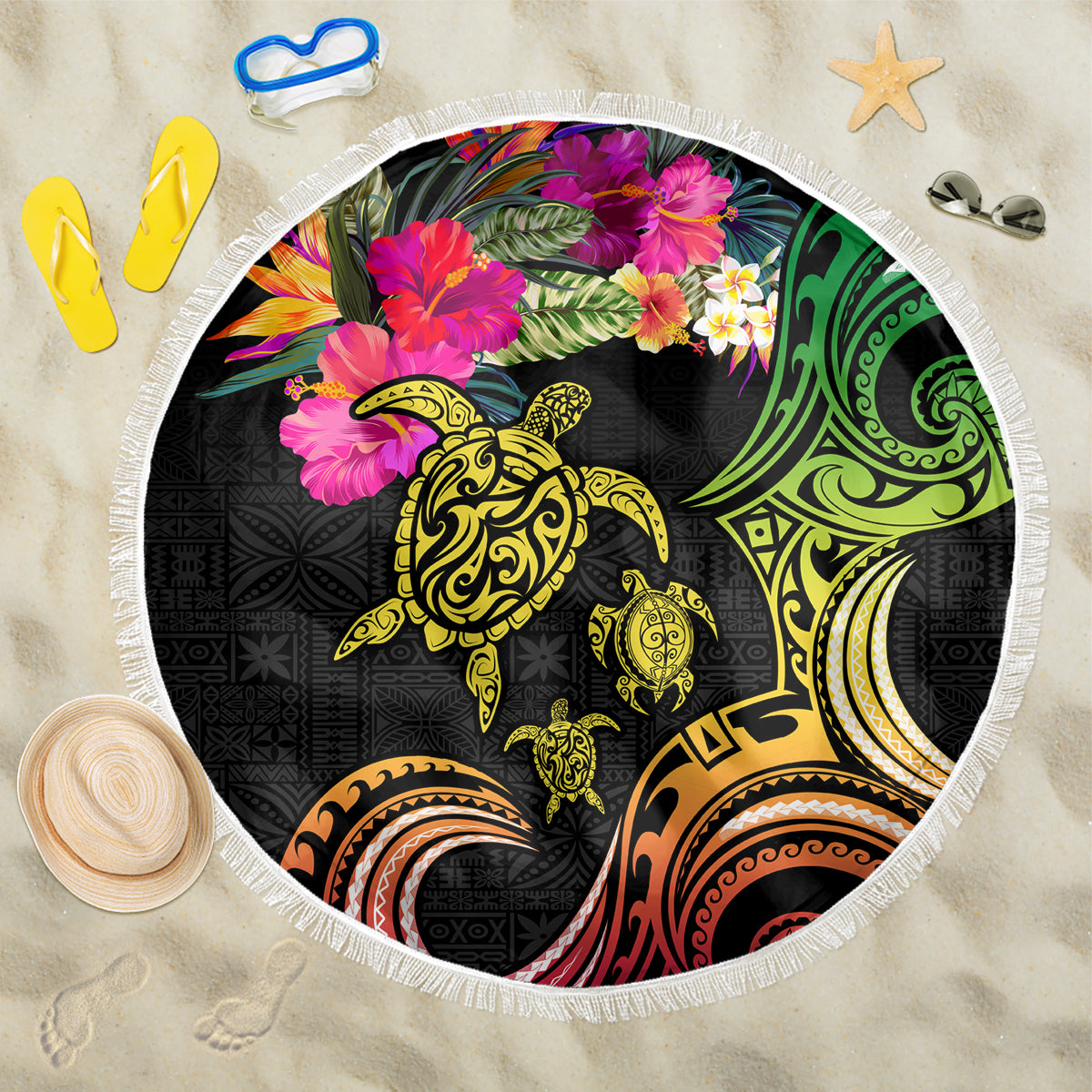 Hawaii Turtle Day Beach Blanket Polynesian Tattoo and Hibiscus Flowers LT03 One Size 150cm Black - Polynesian Pride
