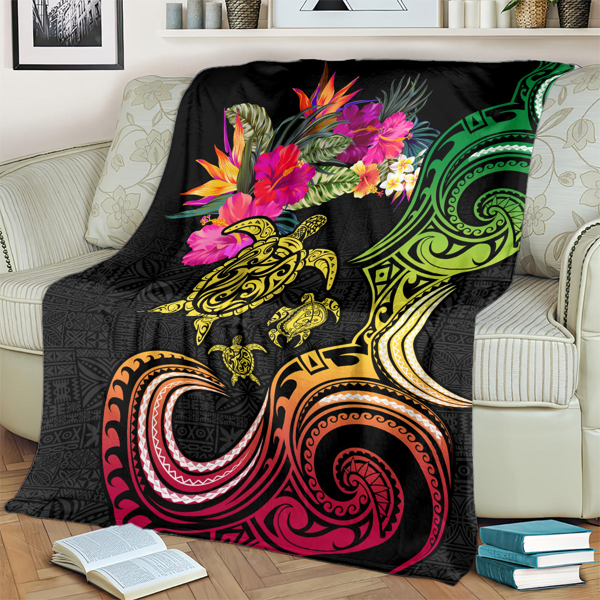 Hawaii Turtle Day Blanket Polynesian Tattoo and Hibiscus Flowers LT03 - Polynesian Pride