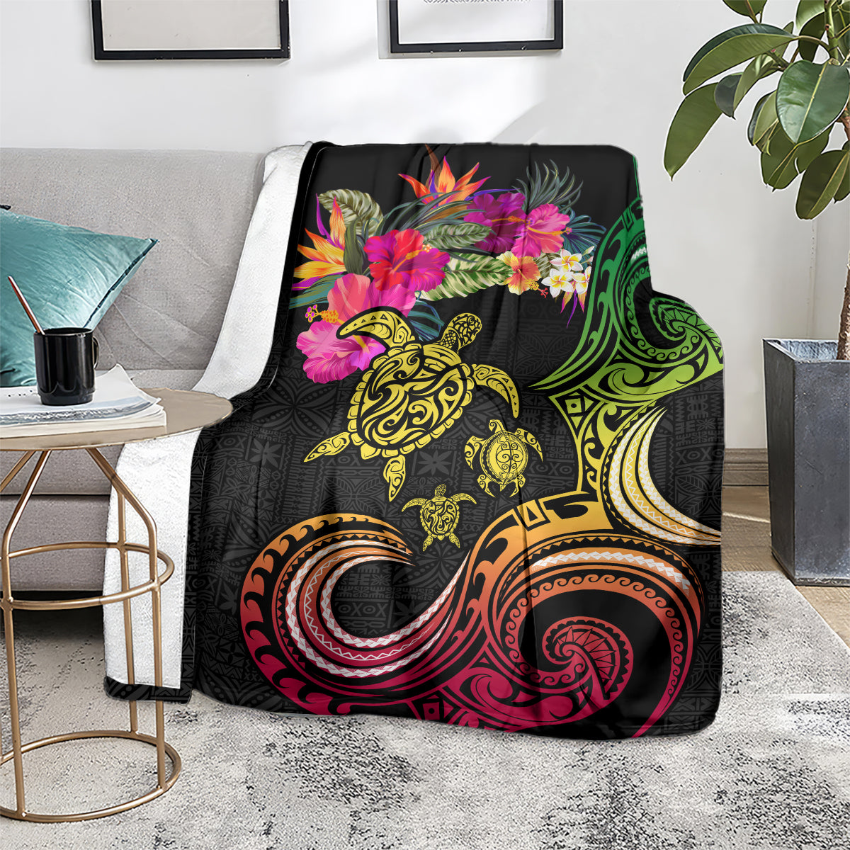 Hawaii Turtle Day Blanket Polynesian Tattoo and Hibiscus Flowers LT03 - Polynesian Pride