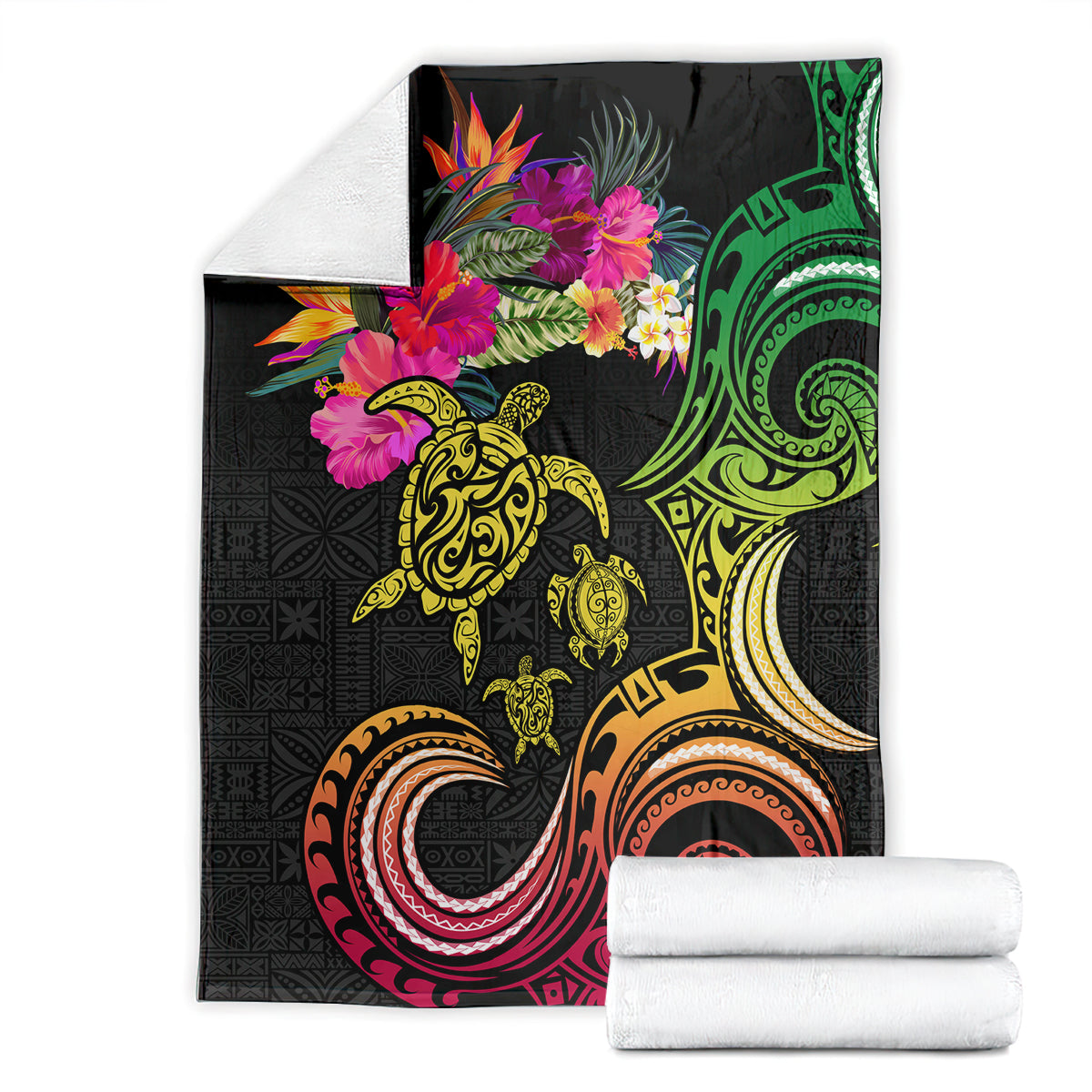 Hawaii Turtle Day Blanket Polynesian Tattoo and Hibiscus Flowers LT03 - Polynesian Pride