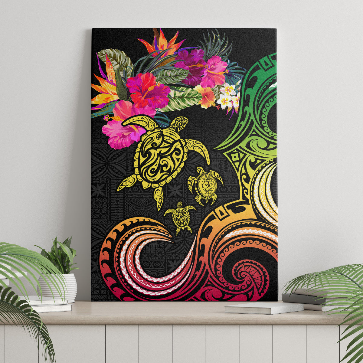 Hawaii Turtle Day Canvas Wall Art Polynesian Tattoo and Hibiscus Flowers LT03 - Polynesian Pride