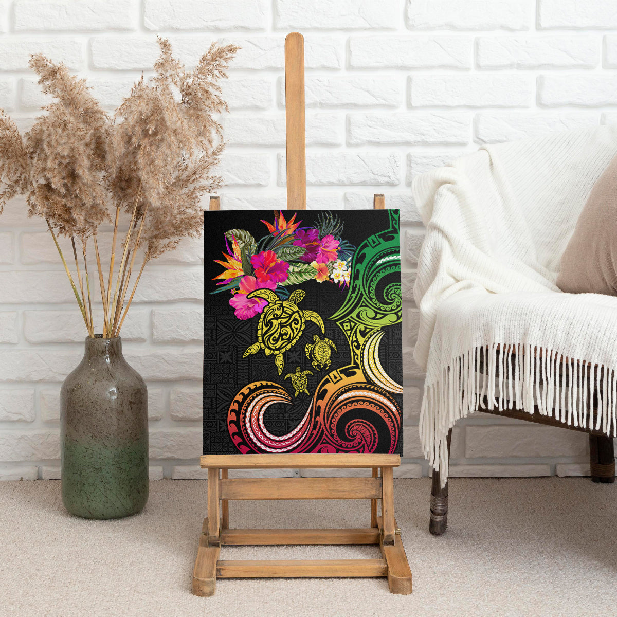 Hawaii Turtle Day Canvas Wall Art Polynesian Tattoo and Hibiscus Flowers LT03 - Polynesian Pride