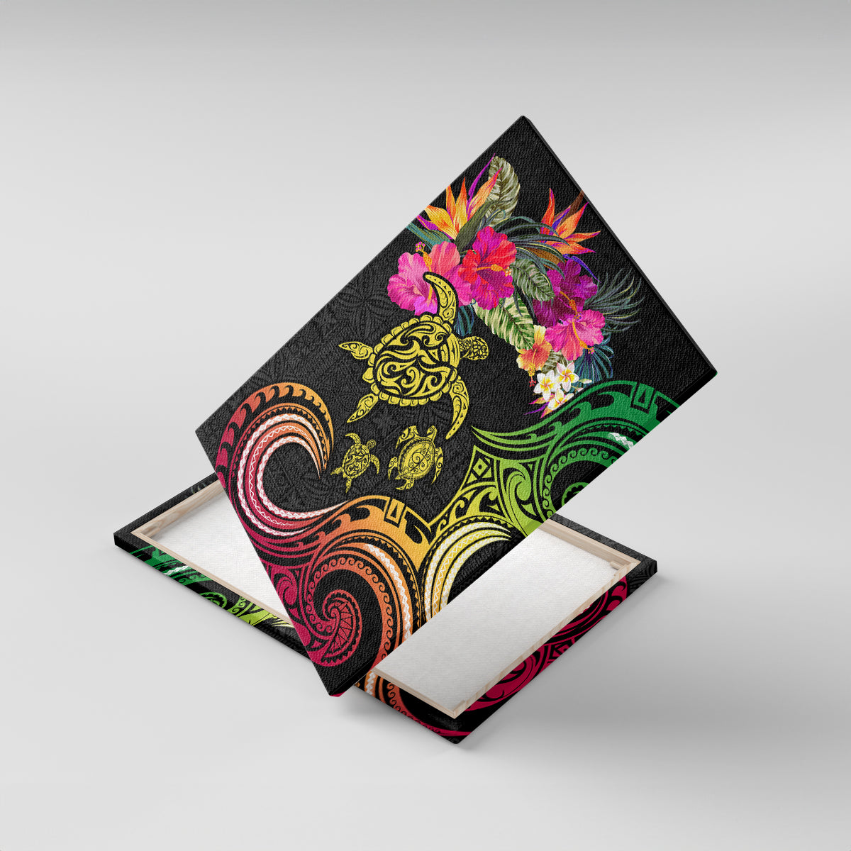 Hawaii Turtle Day Canvas Wall Art Polynesian Tattoo and Hibiscus Flowers LT03 With Frame Black - Polynesian Pride