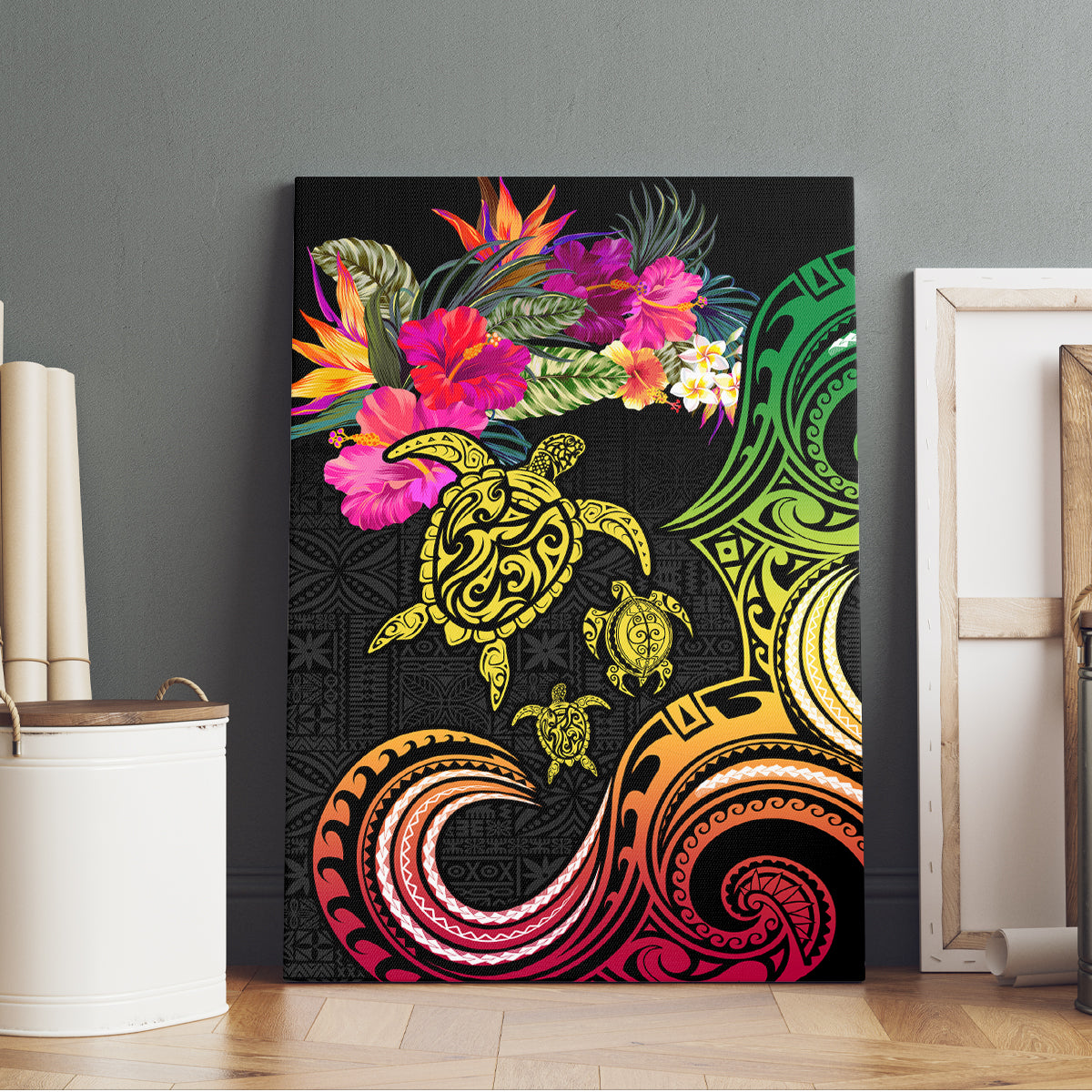Hawaii Turtle Day Canvas Wall Art Polynesian Tattoo and Hibiscus Flowers LT03 - Polynesian Pride