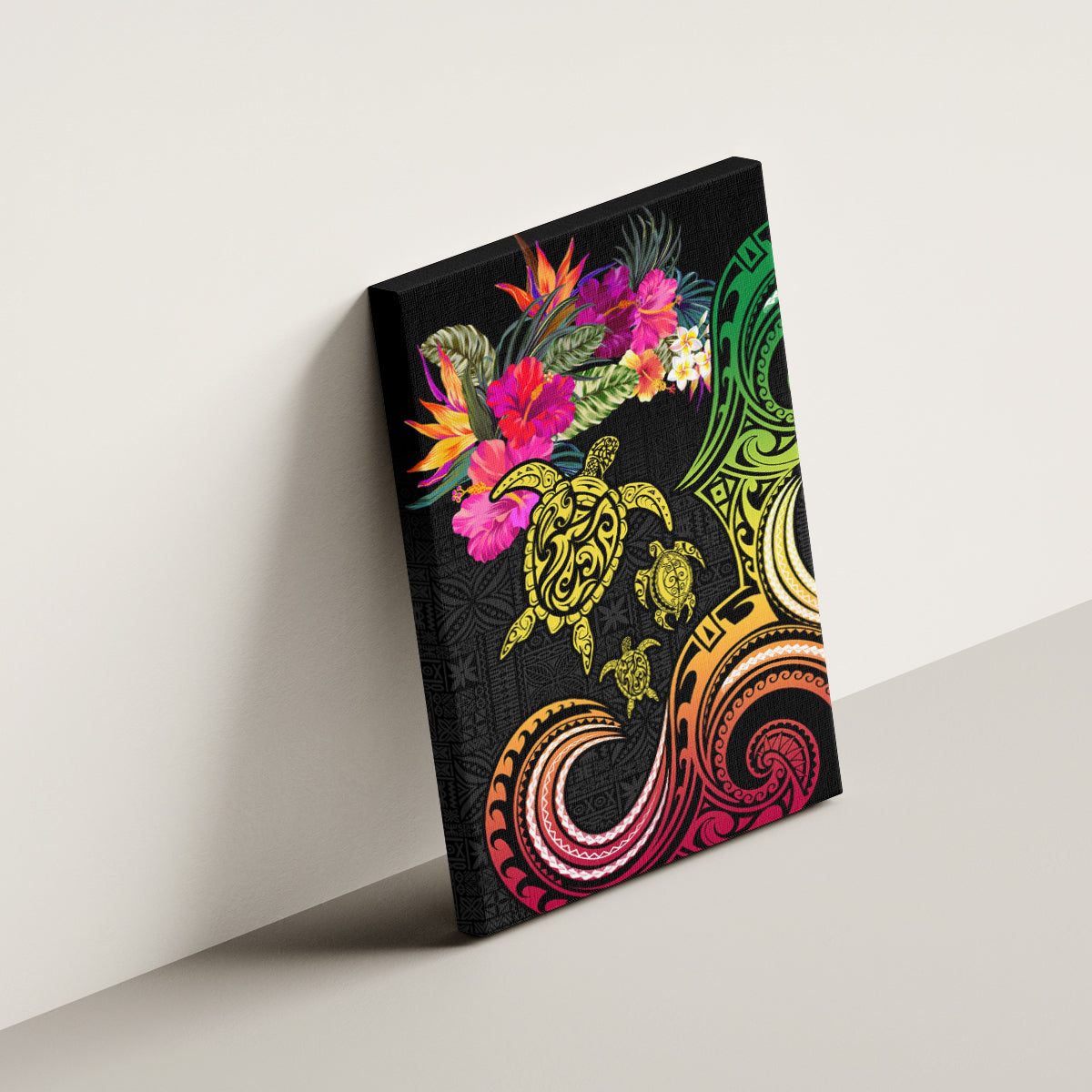 Hawaii Turtle Day Canvas Wall Art Polynesian Tattoo and Hibiscus Flowers LT03 - Polynesian Pride