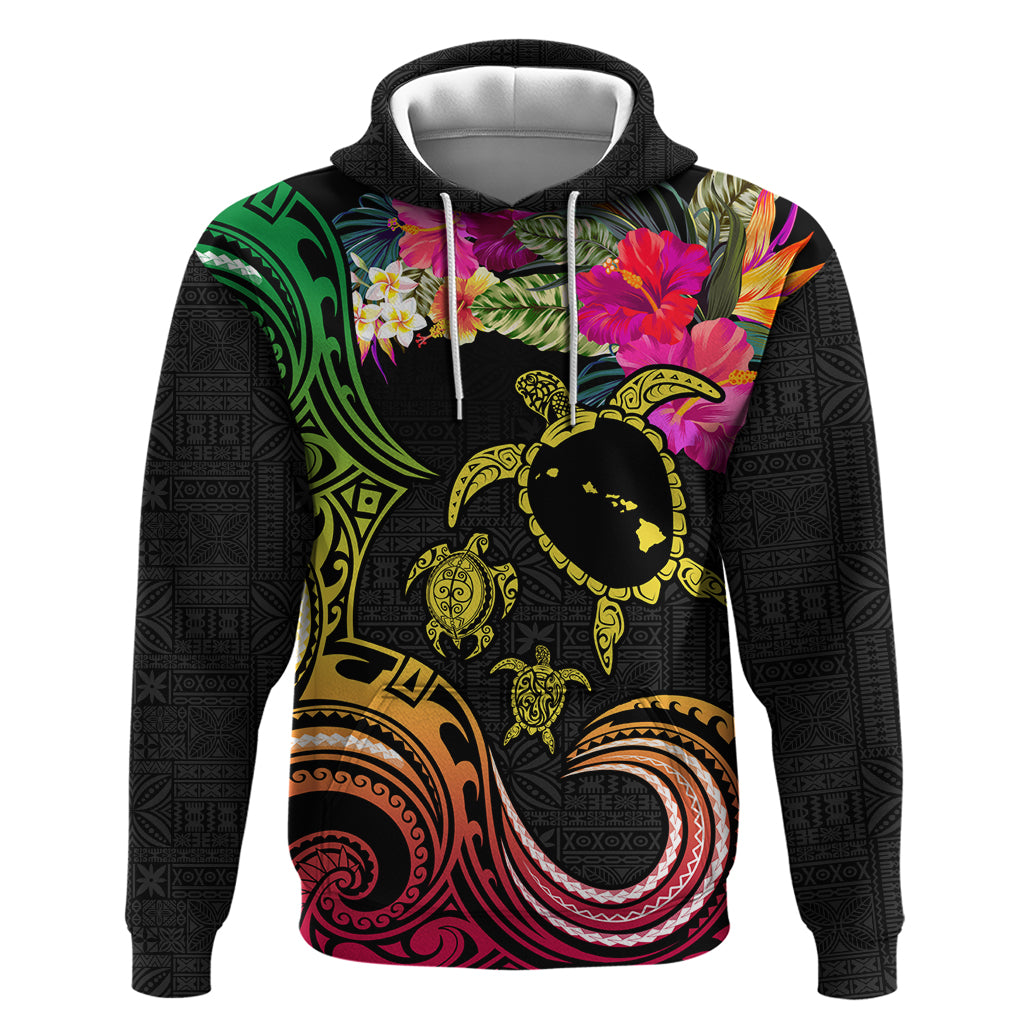 Hawaii Turtle Day Hoodie Polynesian Tattoo and Hibiscus Flowers LT03 Pullover Hoodie Black - Polynesian Pride
