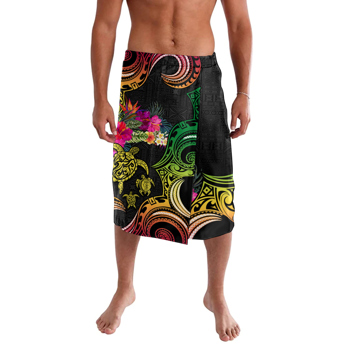 Hawaii Turtle Day Lavalava Polynesian Tattoo and Hibiscus Flowers LT03 Black - Polynesian Pride