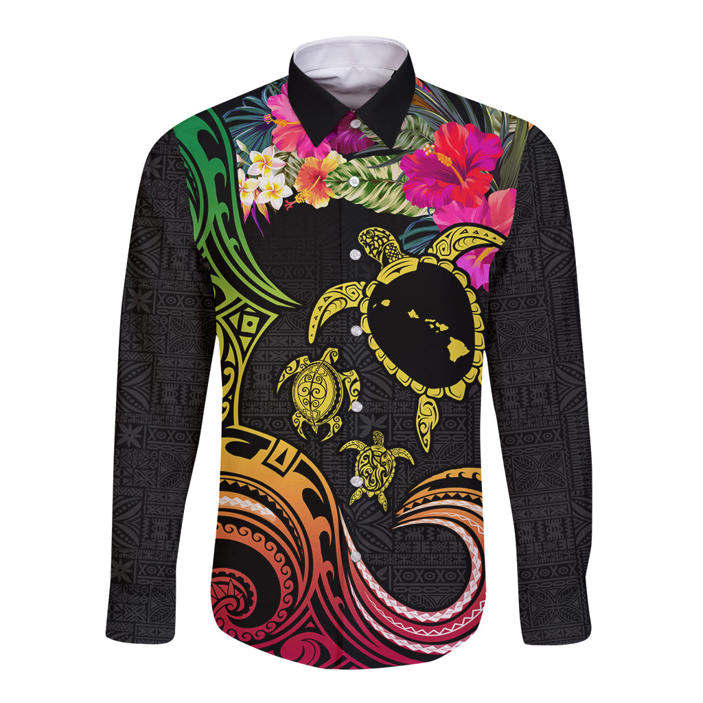 Hawaii Turtle Day Long Sleeve Button Shirt Polynesian Tattoo and Hibiscus Flowers LT03 Unisex Black - Polynesian Pride