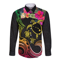 Hawaii Turtle Day Long Sleeve Button Shirt Polynesian Tattoo and Hibiscus Flowers LT03 Unisex Black - Polynesian Pride