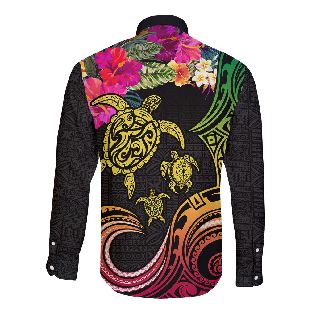 Hawaii Turtle Day Long Sleeve Button Shirt Polynesian Tattoo and Hibiscus Flowers LT03 - Polynesian Pride