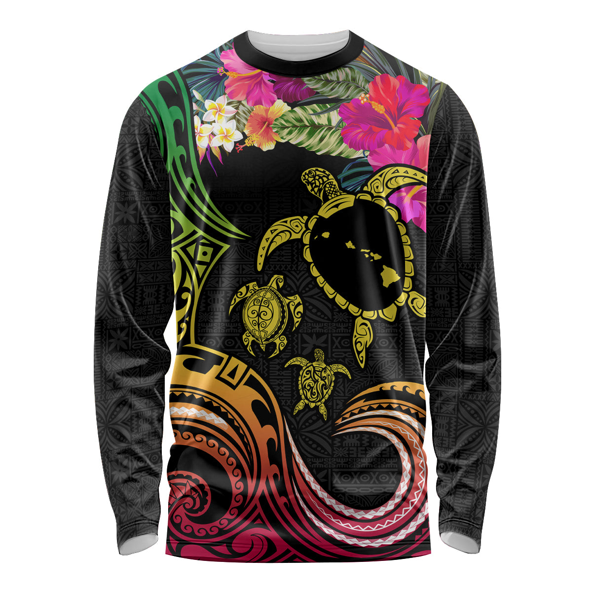 Hawaii Turtle Day Long Sleeve Shirt Polynesian Tattoo and Hibiscus Flowers LT03 Unisex Black - Polynesian Pride