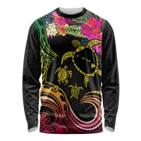 Hawaii Turtle Day Long Sleeve Shirt Polynesian Tattoo and Hibiscus Flowers LT03 Unisex Black - Polynesian Pride