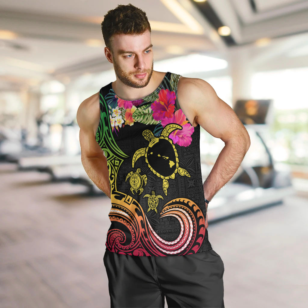 Hawaii Turtle Day Men Tank Top Polynesian Tattoo and Hibiscus Flowers LT03 Black - Polynesian Pride
