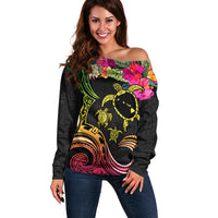 Hawaii Turtle Day Off Shoulder Sweater Polynesian Tattoo and Hibiscus Flowers LT03 Women Black - Polynesian Pride