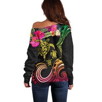 Hawaii Turtle Day Off Shoulder Sweater Polynesian Tattoo and Hibiscus Flowers LT03 - Polynesian Pride